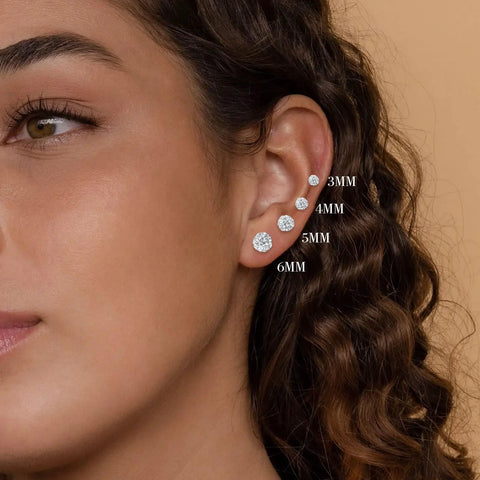 Disco Ball CZ Stud Earrings Set Four Pairs In 3mm 4mm 5mm And 6mm Sizes Hypoallergenic Titanium Cubic Zirconia Balls Sparkle For Everyday Vibe Wear Solo Or Stacked Jewelry on ear