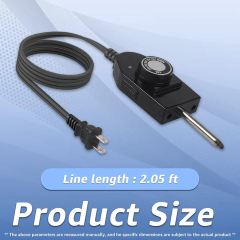 Probe Temperature Control Cord Plug And Play For Electric Skillets Griddles And Grills With 1 3 8 Inch Terminal Spacing Thermostat Heat Control 125V 10A Replacement Cable displayed with 2.05 ft cord length on blue background.