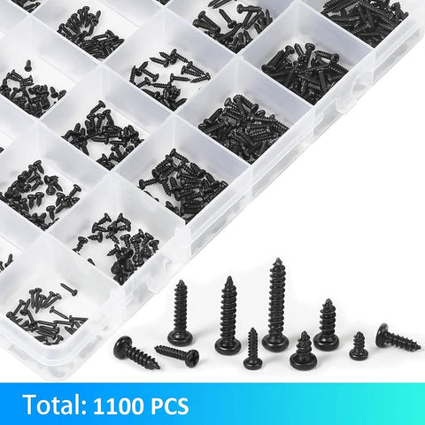 1100Pcs Laptop And Notebook Screws Kit With 24 Types Round Pan Head Tapping Screws M1.2 M1.4 M1.5 M1.7 M2 Phillips Mini Screw Set visible in storage box