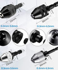 4 Piece Drill Chuck Adapter Set 1/4 Inch Hex Quick Change For Impact Drivers And Electric Drills Mini Keyless Chuck Converters 0.3 To 6.5 mm And 0.3 To 3.6 mm Tool Attachment Silver Black showcasing various angles of black and silver adapters with measurements.