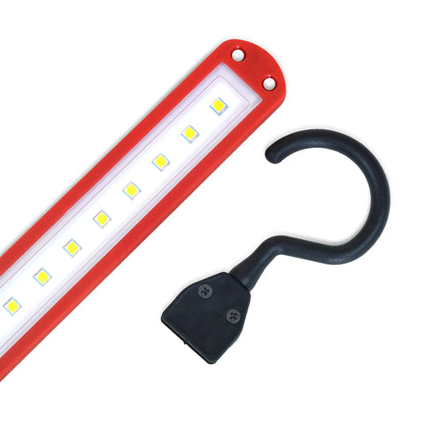 Close-up of Beast 500 Lumen LED Shop Light with ultra slim design and magnetic mount, showing LED panel and hook attachment.