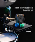 Sturdy Drum Accessory Tray With Clamp On Shelf For Electronic Kits, showing 245mm by 200mm EVA pad with percussion items.