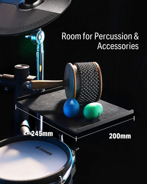 Sturdy Drum Accessory Tray With Clamp On Shelf For Electronic Kits, showing 245mm by 200mm EVA pad with percussion items.
