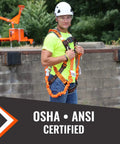 Worker wearing 4.5 to 6 ft double leg stretch lanyard with internal shock absorber and three steel snap hooks, ANSI and OSHA certified.