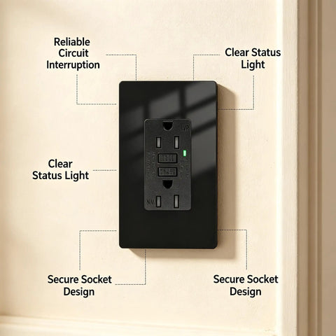 Sleek Black GFCI Outlet 15 Amp GFI Electrical Receptacle with secure socket design and clear status light, mounted on wall.