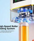 No Sweat Heavy Duty Commercial Can Sealer Machine with 360° rollers sealing a can for soda drinks.