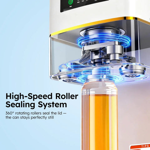 No Sweat Heavy Duty Commercial Can Sealer Machine with 360° rollers sealing a can for soda drinks.