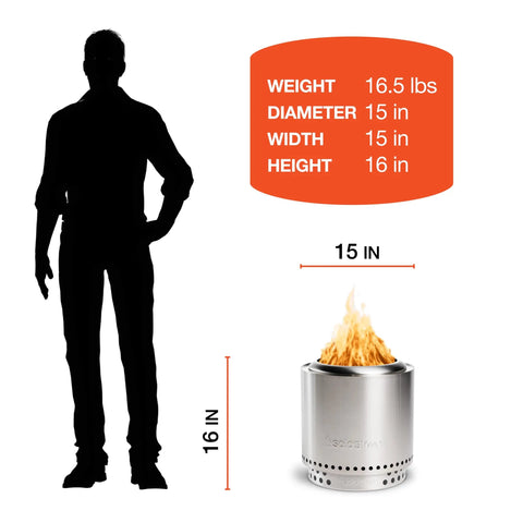 Ranger 2.0 Smokeless Portable Fire Pit with stand and dimensions; 15-inch stainless steel outdoor fireplace shown with person for scale.