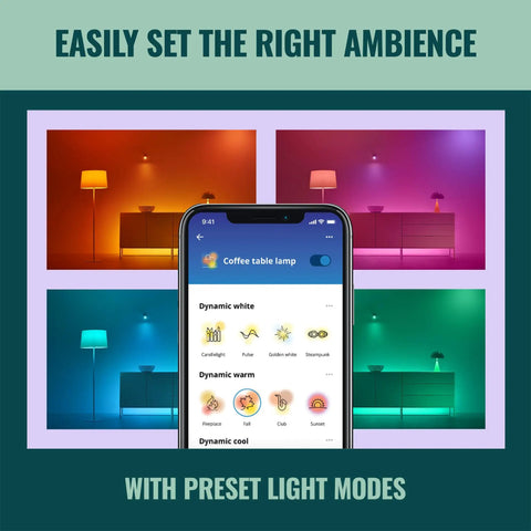 Smart 65W BR30 LED Light Bulbs That Connect to WiFi, E26 Smart Bulbs for Voice or App Control, Motion Activated With SpaceSense, 16 Million Colors, Matter Compatible, 2 Pack shown with preset light modes on a phone