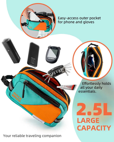 Ride Ready Must Have High Capacity Bike Handlebar Bag With Quick Release Front Bag 2.5L; side mesh pocket and phone storage