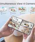 Smartphone displaying 4-camera view of 2K Indoor Security Cams Twin Pack With Night Vision, Smartphone App Access, WiFi Home Surveillance