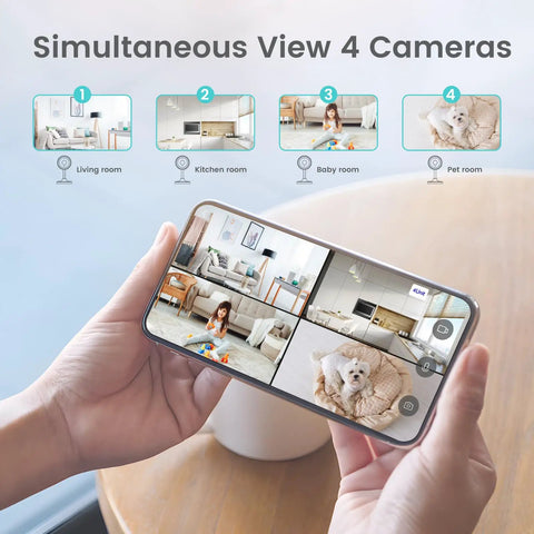 Smartphone displaying 4-camera view of 2K Indoor Security Cams Twin Pack With Night Vision, Smartphone App Access, WiFi Home Surveillance