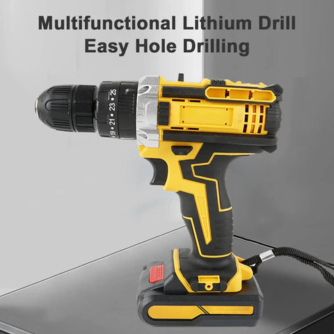 Pro Grade 21V Cordless Electric Drill Driver Kit With Two 1200 mAh Lithium Batteries and Multi Speed Settings for easy hole drilling.