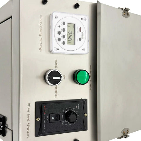 Control panel of Hardcore 110 Volt Oil Water Separator For Cnc Machining Centers With timer and filter speed adjustment.