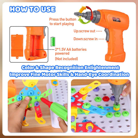 224 Piece Drill And Screwdriver STEM Building Set For Kids With 2D And 3D Blocks Kit Totally Great For Hands On Learning Fine Motor Skills And Creative Problem Solving., orange kid drill, battery powered, with 2D/3D building pieces
