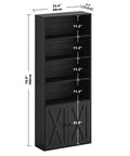 Industrial Bookshelf With Doors, 6 Tier Floor Standing Bookcase, heavy duty black display shelf with measurements shown.