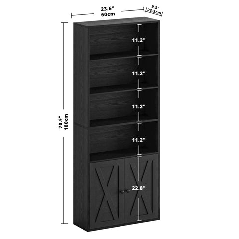 Industrial Bookshelf With Doors, 6 Tier Floor Standing Bookcase, heavy duty black display shelf with measurements shown.