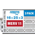 Three Pack 16x25x3 MERV 11 Pleated HVAC Air Filter For Furnace And Air Conditioner, Dust Busting Allergens Germs Lint Mold