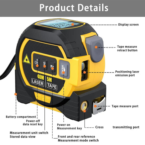 Hella Accurate Digital Tape Measure With Cross Line And Auto Lock, Heavy Duty 3 In 1 Rangefinder For Area And Volume Stats, Solid Memory Bank Plus Bright Lcd Panel For Any Quick Fix Around Town