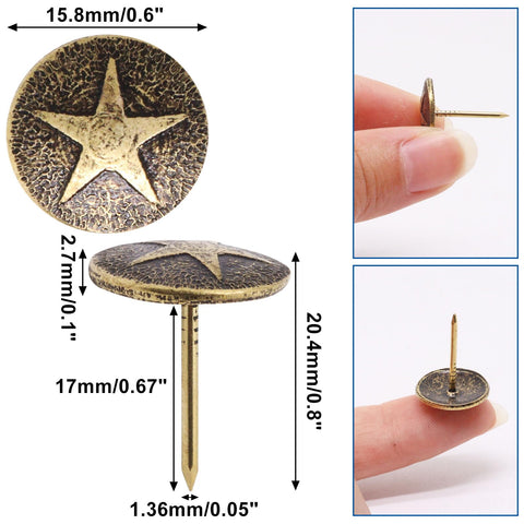 Top Shelf 100 Piece Star Bronze Furniture Tacks With Rust Proof Finish And Sleek Vintage Vibe For Straight Up Wood Repair And Sweet Upholstery Upcycling Work, showing measurements and design.