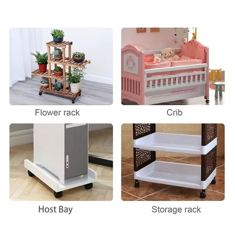 2 Inch Caster Wheels With Brakes, Swivel Nylon Plate Casters Set Of 4, shown on flower rack, crib, host bay, and storage rack.