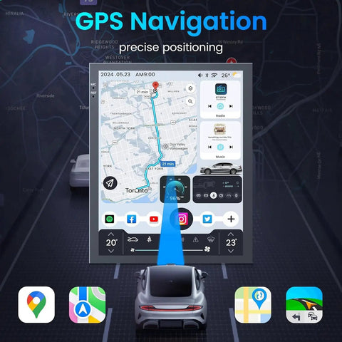 Chevy Cruze Car Stereo 2009 2015 10.4 Inch IPS touchscreen displaying GPS navigation map with icons, Android 13 interface.