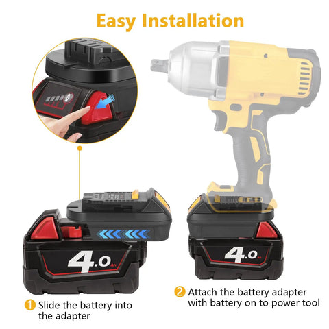 Diagram showing Milwaukee M18 18V to Dewalt 20V Max Battery Converter Adapter installation on power tool