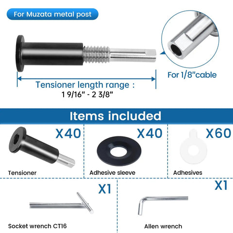 40 Pack One Eighth Inch Black Invisible Cable Railing Kit With Upgraded Hand Swage Tensioners Hidden For 2 By 2 Metal Posts With Easy Install In T316 Stainless Steel Deck Cable Railing System CB40 items and tools overview