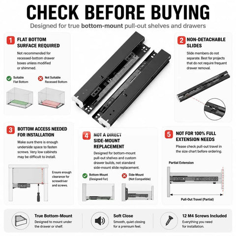 Installation guidance for Undermount Drawer Slides 18 Inch Black With Soft Close Bottom Mount Pull Out Shelf Rails, 88 Lb Load Capacity.