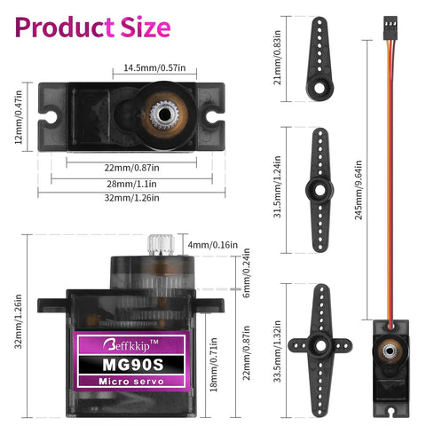 Five Pack 9g Micro Servo Motors With Metal Gears For DIY Smart Robots And RC Toys, product size and components displayed