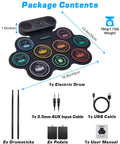 Package contents of Portable Roll Up Electric Drum Kit With 9 Pads And Dual Stereo Speakers Bluetooth MIDI Practice Ready For Kids And Adults Beginners Includes Pedals Sticks And Headphone Support, showing drum kit, sticks, pedals, cables, and manual.