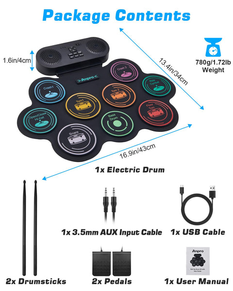 Package contents of Portable Roll Up Electric Drum Kit With 9 Pads And Dual Stereo Speakers Bluetooth MIDI Practice Ready For Kids And Adults Beginners Includes Pedals Sticks And Headphone Support, showing drum kit, sticks, pedals, cables, and manual.