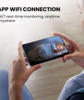 Person viewing video feed of sleeping baby on smartphone using 4K Ultra Clear Wireless Indoor Security Camera With 100 Day Battery Life.