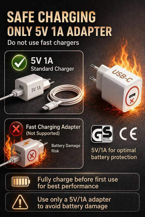 Image showing safe charging instructions for 5V 1A adapters, warning against fast charging and highlighting USB-C port use.