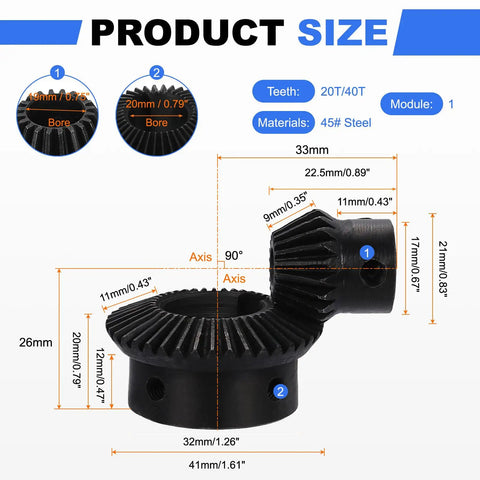 Tapered Bevel Gears Set Module 1 Ratio 1:2 With 20T And 40T Gears Hardened Steel dimensions and specifications diagram