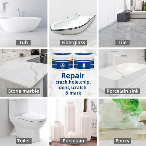 Collage showing tub, fiberglass, tile, stone marble, porcelain sink, toilet, repair kit, porcelain wares, epoxy for repairs