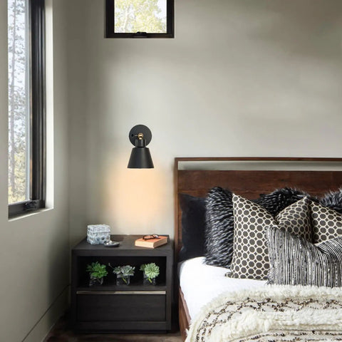 Black Wood Style Wall Sconces Set of 2 for Bedroom Hallway and Living Room Reading Lamps Hard Wired E26 Bulb Compatible Bulbs Not Included Nordic Modern Sconce Lighting Two Pack installed beside bed in cozy bedroom.