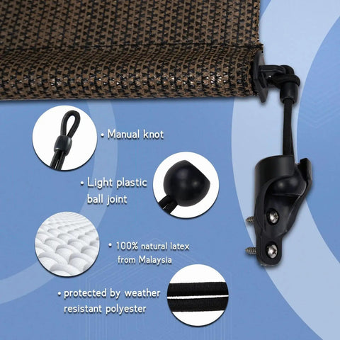 Kickass Sunshade Replacement Bungee Tie Down Kit With End Covers 3 Pack For Outdoor Roller Blinds showing manual knot and plastic ball joint.