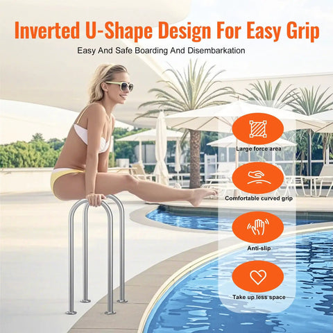 Premium Aluminum Dock Boarding Handrail And Swimming Pool Railing With Rustproof Base Plate For Decks And Boats Giving Tough As Nails Support And Slick Anodized Build For Real Deal Waterfront Safety Measuring Thirty Six Inches Long with inverted U-shape design.