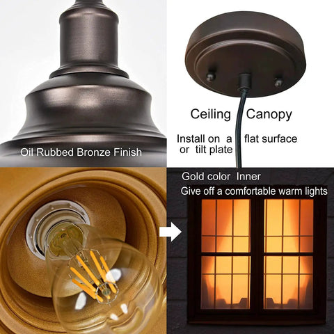 Close-up of oil rubbed bronze finish canopy, gold inner shade detail, and warm lighting for Two Pack Bronze Pendant Lights For Kitchen Island Industrial Adjustable Hanging Barn Light Fixtures With Oil Rubbed Bronze Finish And Vintage Dome Shade Ideal For Modern Farmhouse Kitchens.