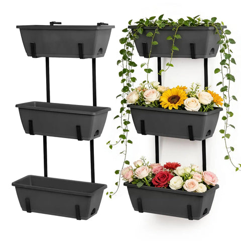 Get Your Garden Game On Point With This Set Of Two Deck Railing Planter Boxes That Clip Over Fence Rails Packed With Six Tough Plastic Flower Pots To Make Growing Herbs Veggies Or Blooms An Absolute Breeze For Chill Weekends And Easy Peasy Garden Vibes. Vertical arrangement of dark gray planter boxes holding colorful flowers and greenery.