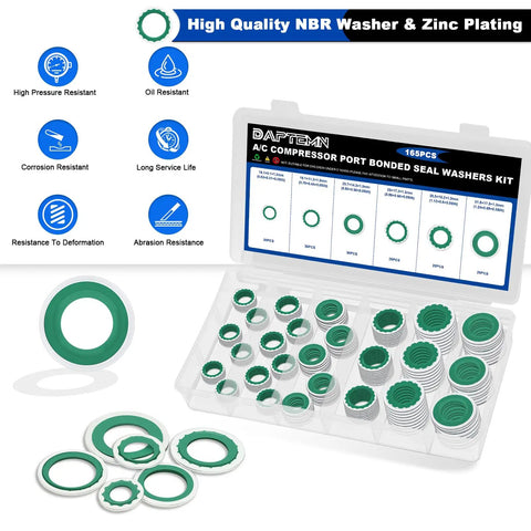 165 Piece AC Seal Washer Kit For Automotive Compressors Six Size Set Green Universal Gasket Washers for AC Repairs