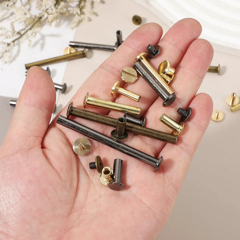 Top Tier Brass Chicago Screw Rivets M4x25mm Phillips Head Studs For DIY Leather Belts Bags Wallets 10 Pack Set in hand.