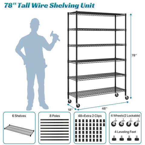 Heavy Duty Six Tier Steel Wire Shelving Unit Built Like A Beast Garage Storage Rack No Flex Frame Rolls Smooth On Ball Casters Adjustable Rock Solid NSF Approved Warehouse Rack Black 48 By 18 By 72 Inches Tall