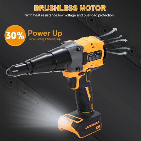 No Fuss Brushless Rivet Gun Pulling 12000 Newtons Of Rock Solid Grip With Quick Auto Reverse Toggle Ships Loaded With Three Mandrel Sizes Built For Swift One Hand Operation On Any Job Site Hustle Tool Only showing brushless motor and ergonomic grip.