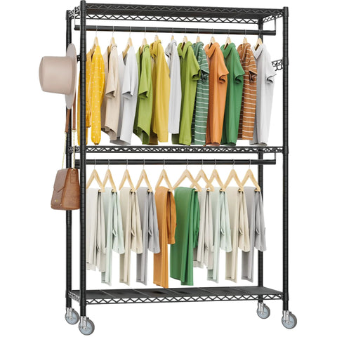Wire shelving rack with clothes hanging, showcasing the 5 Inch Heavy Duty Caster Set With Brake For Wire Shelving Racks Replacement Wheels