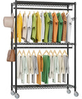 Metal wire shelving rack with clothes hanging, featuring 4-inch caster replacement wheels set of 4 for wire shelving racks and scaffolding.