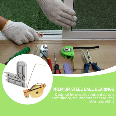 4 Set Sliding Screen Door Roller Replacement Kit with tools, showing steel concave bearings and corner inserts for Arcadia doors.