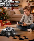 Boy playing with All Terrain Remote Control Truck Beast With 360 Degree Spins And Lights Rechargeable RC Car in living room