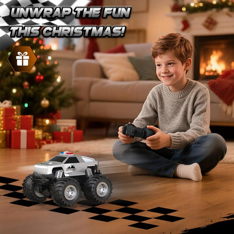 Boy playing with All Terrain Remote Control Truck Beast With 360 Degree Spins And Lights Rechargeable RC Car in living room